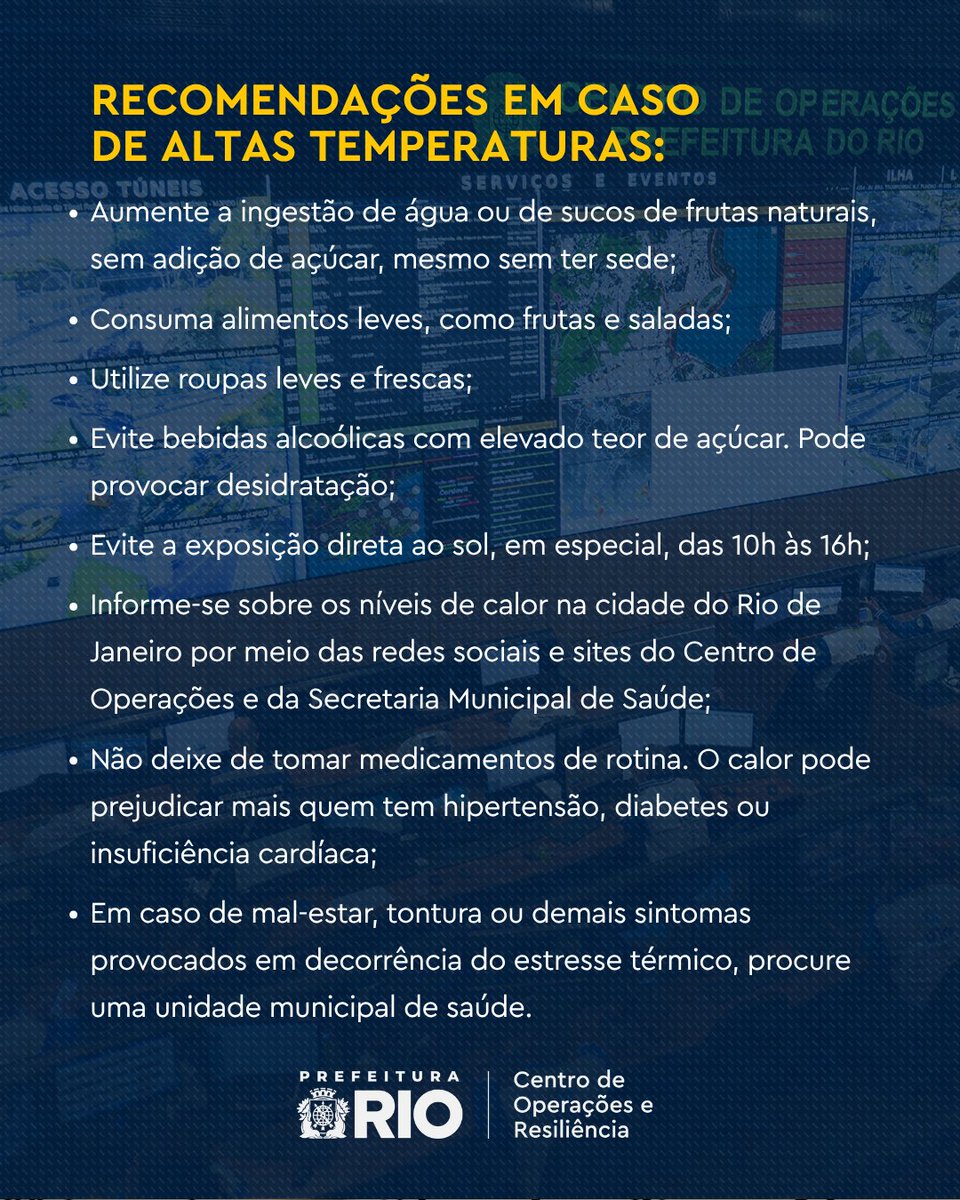OperacoesRio's tweet photo. 30/9 / 05H42 - QUARTA-FEIRA COM RAJADAS DE VENTO E PANCADAS DE CHUVA| PRÓXIMOS DIAS SERÃO DE TEMPO INSTÁVEL
De acordo com o Alerta Rio, nesta quarta-feira (30/9), o tempo na capital fluminense estará parcialmente nublado a nublado e há previsão de pancadas de chuva isoladas, podendo vir acompanhadas de raios e rajadas de vento moderado a pontualmente forte a partir do final da tarde. As temperaturas permanecerão estáveis e elevadas, com mínima prevista de 21°C e máxima de 38°C.

Na quinta-feira (1/10), a previsão é de céu nublado a encoberto com pancadas de chuva isoladas, podendo vir acompanhadas de raios e rajadas de vento moderado a partir da tarde. As temperaturas apresentarão declínio.

Na sexta-feira e no sábado (2/10 e 3/10), a previsão é de céu encoberto e chuva fraca a moderada a qualquer momento. Os ventos estarão moderados.

No domingo (4/10), o predomínio será de céu nublado e a partir da noite há previsão de pancadas de chuva isoladas, podendo vir acompanhadas de raios. Os ventos estarão moderados a fortes.

🌐 Em caso de mudança do cenário meteorológico, o COR-Rio emitirá novos avisos à população.

➡️ Fique atento aos perfis oficiais da Prefeitura do Rio.

⚠️RECOMENDAÇÕES EM CASOS DE VENTOS FORTE

Em casa: Feche portas, janelas, cortinas e persianas para conter o vento e eventuais vidros quebrados.

Na rua: Fique longe de árvores, coberturas metálicas, fiação, outdoors e andaimes, e evite o mar.

⚠️ Redobre o cuidado! As pistas estão molhadas.

➡️Siga as nossas recomendações e evite acidentes:

- Procure dirigir com velocidade reduzida;

- Mantenha os faróis acesos;
- Evite áreas alagadas;
- Não force a travessia de carros;
- Siga a sua rotina, mas fique informado nos canais do COR.
#CORInforma #temporj
