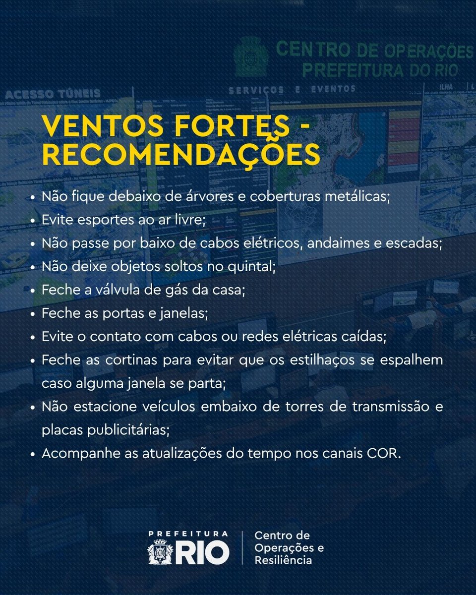 OperacoesRio's tweet photo. 30/9 / 05H42 - QUARTA-FEIRA COM RAJADAS DE VENTO E PANCADAS DE CHUVA| PRÓXIMOS DIAS SERÃO DE TEMPO INSTÁVEL
De acordo com o Alerta Rio, nesta quarta-feira (30/9), o tempo na capital fluminense estará parcialmente nublado a nublado e há previsão de pancadas de chuva isoladas, podendo vir acompanhadas de raios e rajadas de vento moderado a pontualmente forte a partir do final da tarde. As temperaturas permanecerão estáveis e elevadas, com mínima prevista de 21°C e máxima de 38°C.

Na quinta-feira (1/10), a previsão é de céu nublado a encoberto com pancadas de chuva isoladas, podendo vir acompanhadas de raios e rajadas de vento moderado a partir da tarde. As temperaturas apresentarão declínio.

Na sexta-feira e no sábado (2/10 e 3/10), a previsão é de céu encoberto e chuva fraca a moderada a qualquer momento. Os ventos estarão moderados.

No domingo (4/10), o predomínio será de céu nublado e a partir da noite há previsão de pancadas de chuva isoladas, podendo vir acompanhadas de raios. Os ventos estarão moderados a fortes.

🌐 Em caso de mudança do cenário meteorológico, o COR-Rio emitirá novos avisos à população.

➡️ Fique atento aos perfis oficiais da Prefeitura do Rio.

⚠️RECOMENDAÇÕES EM CASOS DE VENTOS FORTE

Em casa: Feche portas, janelas, cortinas e persianas para conter o vento e eventuais vidros quebrados.

Na rua: Fique longe de árvores, coberturas metálicas, fiação, outdoors e andaimes, e evite o mar.

⚠️ Redobre o cuidado! As pistas estão molhadas.

➡️Siga as nossas recomendações e evite acidentes:

- Procure dirigir com velocidade reduzida;

- Mantenha os faróis acesos;
- Evite áreas alagadas;
- Não force a travessia de carros;
- Siga a sua rotina, mas fique informado nos canais do COR.
#CORInforma #temporj