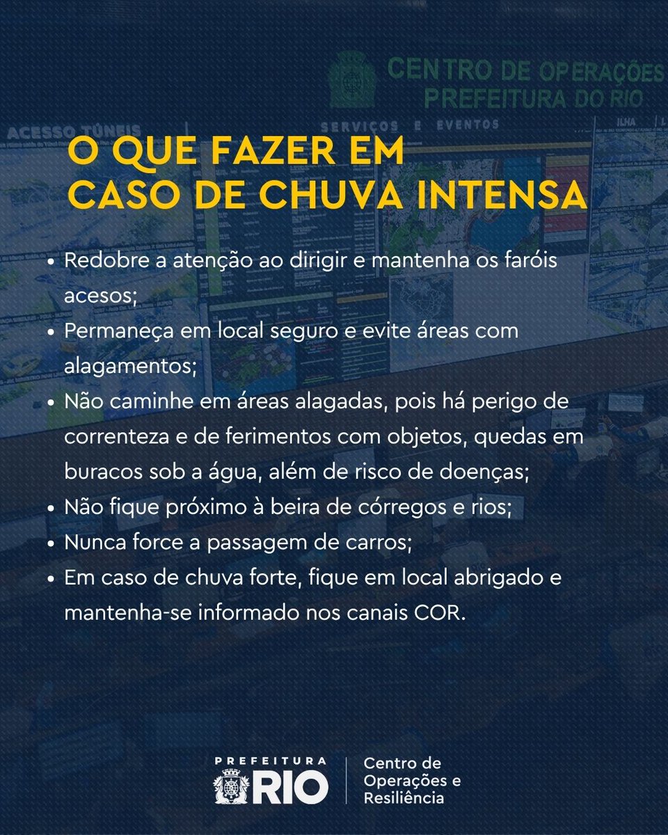 OperacoesRio's tweet photo. 30/9 / 05H42 - QUARTA-FEIRA COM RAJADAS DE VENTO E PANCADAS DE CHUVA| PRÓXIMOS DIAS SERÃO DE TEMPO INSTÁVEL
De acordo com o Alerta Rio, nesta quarta-feira (30/9), o tempo na capital fluminense estará parcialmente nublado a nublado e há previsão de pancadas de chuva isoladas, podendo vir acompanhadas de raios e rajadas de vento moderado a pontualmente forte a partir do final da tarde. As temperaturas permanecerão estáveis e elevadas, com mínima prevista de 21°C e máxima de 38°C.

Na quinta-feira (1/10), a previsão é de céu nublado a encoberto com pancadas de chuva isoladas, podendo vir acompanhadas de raios e rajadas de vento moderado a partir da tarde. As temperaturas apresentarão declínio.

Na sexta-feira e no sábado (2/10 e 3/10), a previsão é de céu encoberto e chuva fraca a moderada a qualquer momento. Os ventos estarão moderados.

No domingo (4/10), o predomínio será de céu nublado e a partir da noite há previsão de pancadas de chuva isoladas, podendo vir acompanhadas de raios. Os ventos estarão moderados a fortes.

🌐 Em caso de mudança do cenário meteorológico, o COR-Rio emitirá novos avisos à população.

➡️ Fique atento aos perfis oficiais da Prefeitura do Rio.

⚠️RECOMENDAÇÕES EM CASOS DE VENTOS FORTE

Em casa: Feche portas, janelas, cortinas e persianas para conter o vento e eventuais vidros quebrados.

Na rua: Fique longe de árvores, coberturas metálicas, fiação, outdoors e andaimes, e evite o mar.

⚠️ Redobre o cuidado! As pistas estão molhadas.

➡️Siga as nossas recomendações e evite acidentes:

- Procure dirigir com velocidade reduzida;

- Mantenha os faróis acesos;
- Evite áreas alagadas;
- Não force a travessia de carros;
- Siga a sua rotina, mas fique informado nos canais do COR.
#CORInforma #temporj