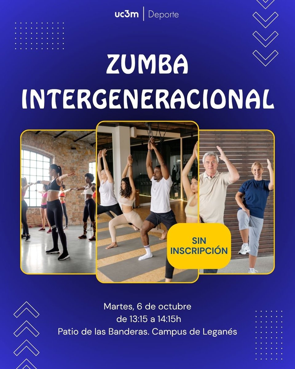 DAP_uc3m's tweet photo. ¡Muévete al ritmo del Zumba Intergeneracional con Universidad saludable uc3m!
Una actividad abierta a tod@s para divertirse y mantenerse en forma.

📅 Martes 6 de octubre
⏰ 13:15 a 14:15 h
📍 Patio de las Banderas (Campus de Leganés)
🎟️ Sin inscripción previa

¡Llega y baila! 🎶 https://t.co/xdIS9oScFB
