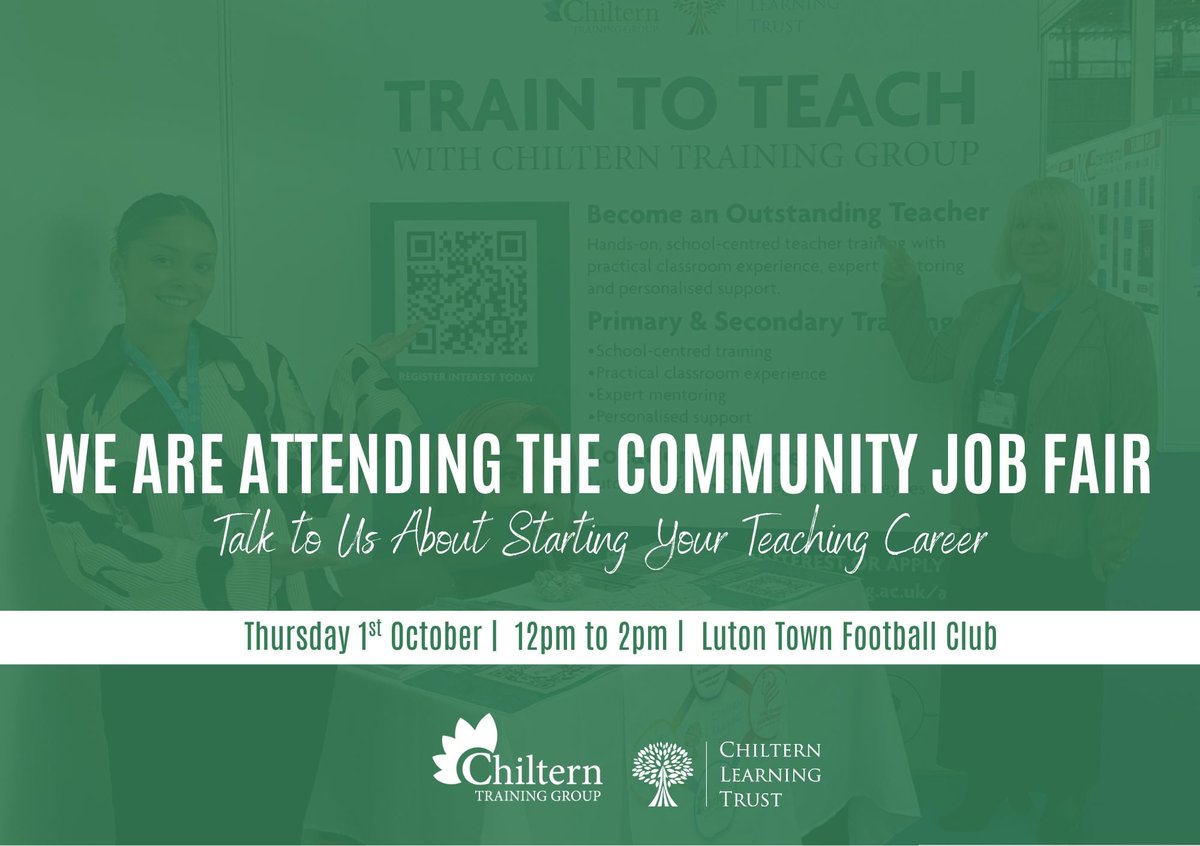 CTGtraining's tweet photo. ⏰ Tomorrow's the day!

Some of our team will be at the Community Job Fair at Luton Town Football Club! 

Drop by our stand to chat with our team about becoming a qualified teacher, exploring funding options, and getting your questions answered. https://t.co/5Yl9k68cFO