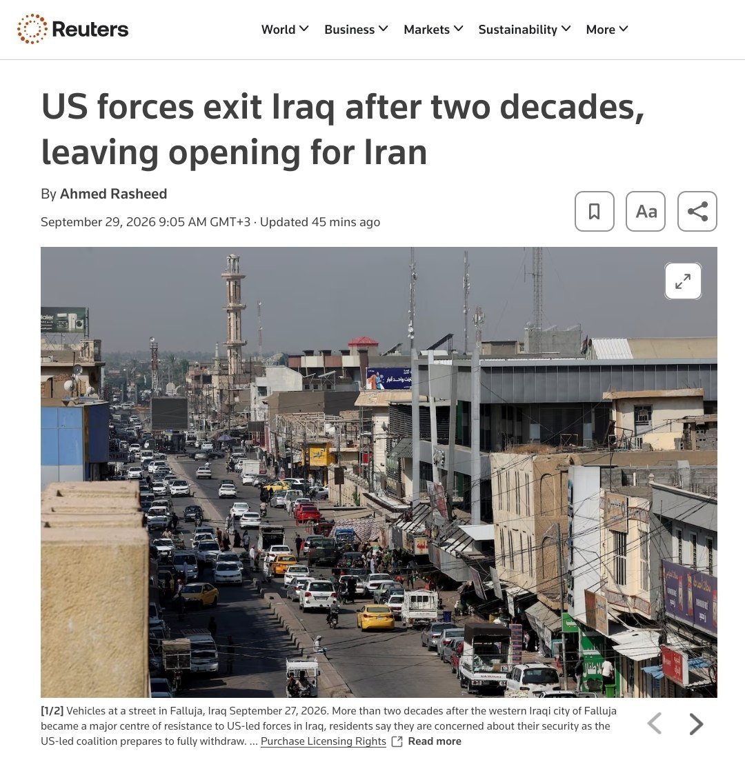 Glenn_Diesen's tweet photo. US forces leaving Iraq after two decades, which is the first step toward being expelled from the wider region. A positive development for the US and the region, although rapid shifts in power usually introduces instability. https://t.co/YfX2va806d