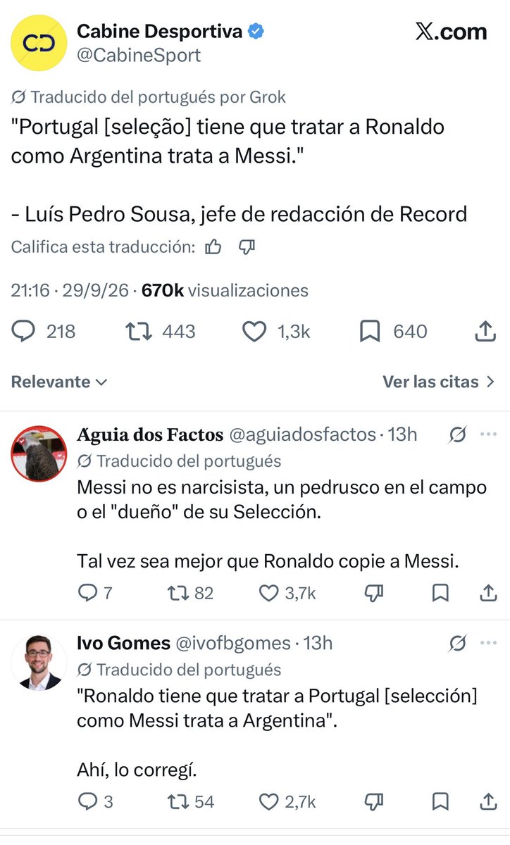 Barcelonismos's tweet photo. Esto es oro. Una cuenta de Portugal publica unas declaraciones en las que dicen que CR7 debe ser tratado como Messi. Atención a las respuestas de los propios Portugueses: https://t.co/oULi9KnFzb