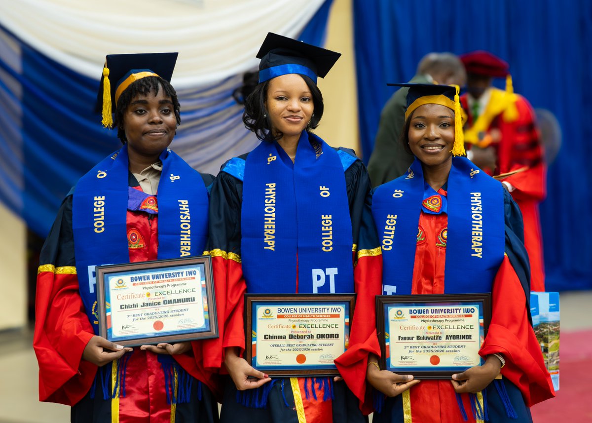 bowenuniversity's tweet photo. Yesterday, 71 freshly minted Physiotherapists of Bowen University, The Laureates class of 2026, were formally inducted into the physiotherapy profession by the Registrar/CEO of the Medical Rehabilitation Therapists (Registration) Board of Nigeria (MRTB) at our 7th Physiotherapy Induction Ceremony.

The Laureates is a name befitting a set whose journey has been marked by perseverance, learning, sacrifice and the pursuit of excellence. Today, they step forward, ready to help people overcome physical limitations and reclaim possibilities.

And among these outstanding 71 graduates, three distinguished themselves:
🥉 CHIZHI OHAHURU (Third Best Graduating Physiotherapist)

🥈 FAVOUR AYORINDE (Second Best Graduating Physiotherapist)

🏆 CHINMA OKORO (Best Graduating Physiotherapist)

Congratulations to The Laureates.

BUT OUR CELEBRATION CARRIES A MOMENT OF REMEMBRANCE🕊️

Among those who should have stood with The Laureates yesterday was Demilade, who we sadly lost in November 2025.

Though absent from the ceremony, he is not forgotten. His place in the story of this set remains, and his memory will always be part of the journey they shared.
To The Laureates, as you go forth into the world, carry the torch for Demilade. Let his memory live on in the lives you touch, the patients you help to walk again, the hope you restore, the dignity you protect and the compassion you show to those entrusted to your care.
Let every life you help transform become a part of the legacy you carry for him.

Congratulations once again. Your story has only just begun🫂🫂🎊🎊🎊