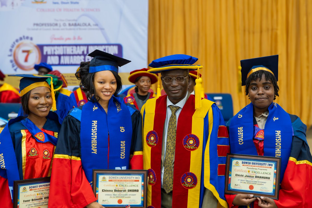 bowenuniversity's tweet photo. Yesterday, 71 freshly minted Physiotherapists of Bowen University, The Laureates class of 2026, were formally inducted into the physiotherapy profession by the Registrar/CEO of the Medical Rehabilitation Therapists (Registration) Board of Nigeria (MRTB) at our 7th Physiotherapy Induction Ceremony.

The Laureates is a name befitting a set whose journey has been marked by perseverance, learning, sacrifice and the pursuit of excellence. Today, they step forward, ready to help people overcome physical limitations and reclaim possibilities.

And among these outstanding 71 graduates, three distinguished themselves:
🥉 CHIZHI OHAHURU (Third Best Graduating Physiotherapist)

🥈 FAVOUR AYORINDE (Second Best Graduating Physiotherapist)

🏆 CHINMA OKORO (Best Graduating Physiotherapist)

Congratulations to The Laureates.

BUT OUR CELEBRATION CARRIES A MOMENT OF REMEMBRANCE🕊️

Among those who should have stood with The Laureates yesterday was Demilade, who we sadly lost in November 2025.

Though absent from the ceremony, he is not forgotten. His place in the story of this set remains, and his memory will always be part of the journey they shared.
To The Laureates, as you go forth into the world, carry the torch for Demilade. Let his memory live on in the lives you touch, the patients you help to walk again, the hope you restore, the dignity you protect and the compassion you show to those entrusted to your care.
Let every life you help transform become a part of the legacy you carry for him.

Congratulations once again. Your story has only just begun🫂🫂🎊🎊🎊