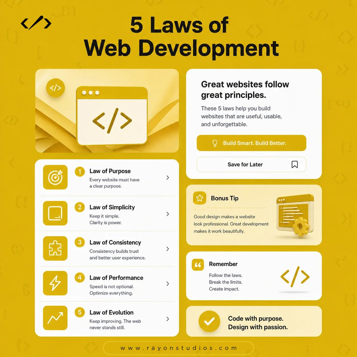 rayonstudios's tweet photo. If you could only follow one rule when building a website, which one would you choose?

A successful website is not just about how it looks. The development behind it plays a major role in how users understand, navigate, and interact with the experience.

Here are 5 principles worth keeping in mind:

1. Law of Purpose
Every website should have a clear purpose. Whether the goal is to generate leads, sell products, provide information, or drive signups, users should quickly understand what the website is designed to help them do.

2. Law of Simplicity
More features and more content do not always create a better experience. Clear layouts, simple navigation, and focused content help users find what they need without unnecessary effort.

3. Law of Consistency
Consistent typography, spacing, buttons, navigation, and visual patterns make a website easier to understand and create a more familiar experience for users.

4. Law of Performance
A visually impressive website means little if it is slow. Loading speed, responsive behavior, optimized assets, and efficient code all contribute to a smoother user experience.

5. Law of Evolution
A website should not be treated as something that is finished forever. User behavior, technology, business goals, and expectations change, so websites should continue to improve over time.

Now we want to hear your perspective.

Which of these 5 principles do you think websites most often get wrong?

And if you could add a 6th law of web development, what would it be?

#WebDevelopment #WebsiteDesign #WebDesign #UIUXDesign #UserExperience #FrontendDevelopment #SoftwareDevelopment #ResponsiveDesign #WebPerformance #DigitalExperience #UXDesign #ProductDesign #WebsiteDevelopment #AIIntegration #ChatbotIntegration #RayonStudios