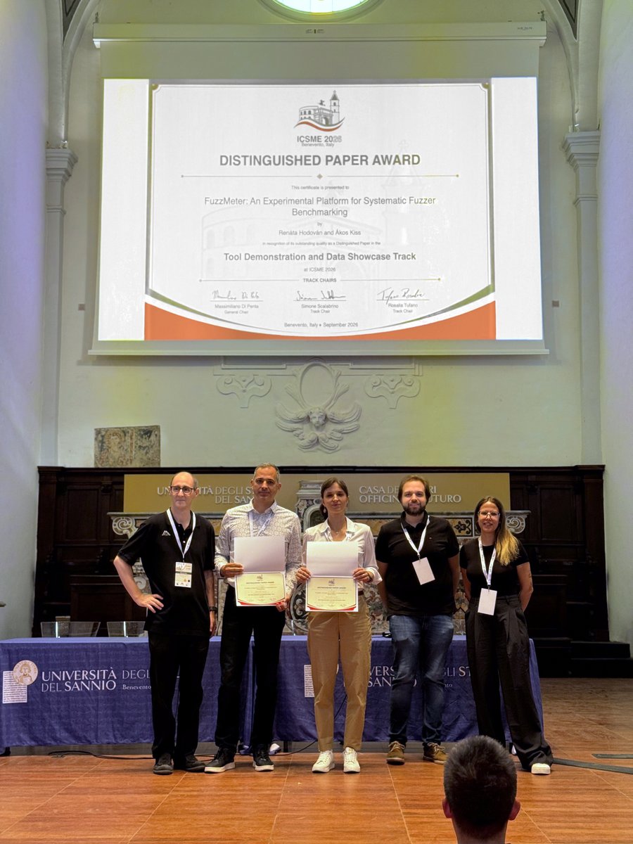 RenataHodovan's tweet photo. Happy to share that our FuzzMeter paper received a Distinguished Paper Award at ICSME 2026. โจ
The project is actively evolving, so bug reports, ideas, and contributions are very welcome. ๐
https://t.co/Ejq15lcs5j
#ICSME2026 #fuzzing #fuzzmeter https://t.co/6LhyBJR07k