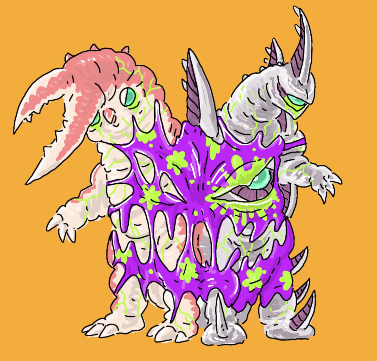 44_29's tweet photo. 融屍怪獣 ネクロスキング
9月に登場し敗れた斬首怪獣と銀翼怪獣の身体を粘菌怪獣がくっつけて9月最終日のラスボスとして再登場！かえって単体より弱そうだが！？
#オリジナル怪獣 https://t.co/kUvXlK5ooG