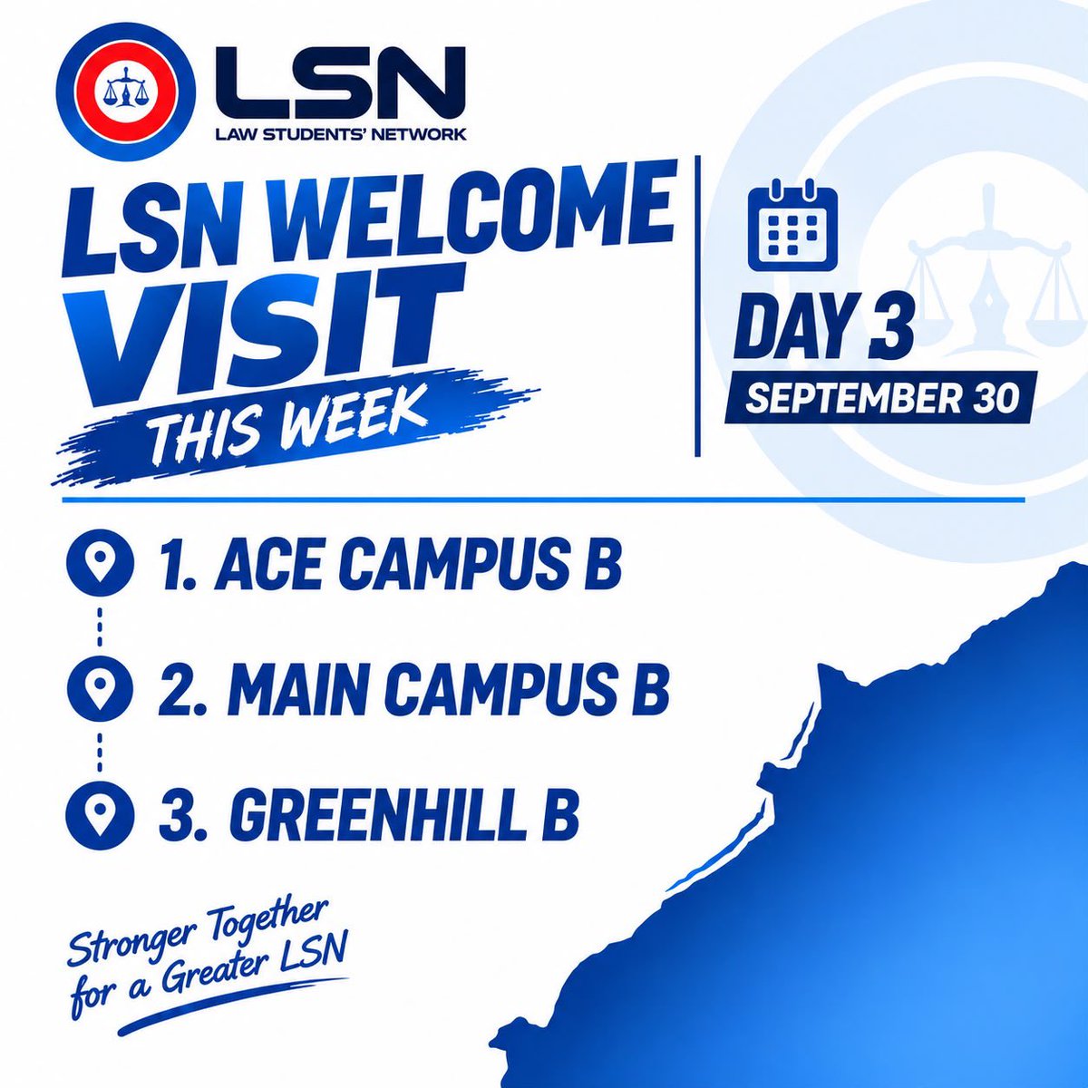 LSN_GHANA's tweet photo. September 30 - Day 3 of our LSN Welcome Visit!🔴⚪️🔵

We are visiting ACE Campus B, Main Campus B, and Greenhill B today. Looking forward to meeting and connecting with our Pre-Bar colleagues⚖️😇

#LSNWelcomeVisit #PreBar2026 #OurNetworkOurStory 💫 https://t.co/hVqVxlOQ5l