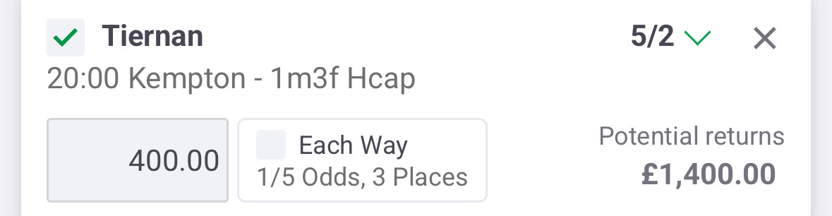 Ai_racingtips's tweet photo. Wednesday best bet
8.00 Kempton
TIERNAN
⭐️⭐️⭐️⭐️ Win at 5/2 Paddy Power

Ignore last run at Ayr on soft &amp; shorter, much better judged on previous 2nd here over 1m4f. Drop in grade will also help &amp; big run expected. https://t.co/Vs0emlZPK7