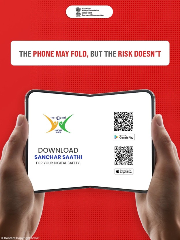 Guj_LSA_DoT_MoC's tweet photo. Phone: “I can fold.” Scammer: “I can fool.” You: “Not today.” Keep your digital life safer with Sanchar Saathi. #Phoneduo #Foldphone #SancharSaathi #Trend
@JM_Scindia @PemmasaniOnX @PIB_India @pib_comm @DDNewslive https://t.co/aa3HZ0mwVi