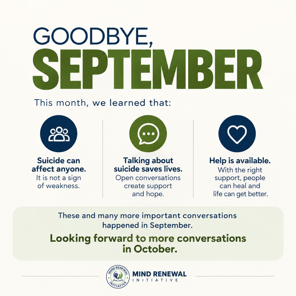 MindRenewalInit's tweet photo. Goodbye, September. 🩵
From conversations around suicide prevention and mental health awareness to learning, connecting and reaching more people
 September has been a meaningful beginning for us at Mind Renewal Initiative.

#september #FmohNigeria #mindrenewalinitiative #october https://t.co/3JwMTBUwrf
