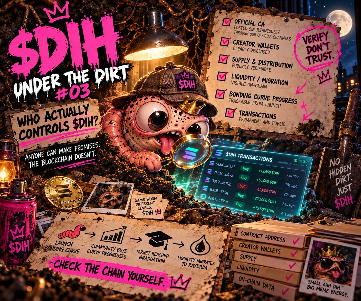 _SmallAhhDih's tweet photo. 🪱 UNDER THE DIRT

WHO CONTROLS $DIH? 🔍

Anyone can make promises.

The blockchain doesn’t.

Before launch, the $DIH community will be given everything needed to verify the token themselves:

🔗 Official CA — posted simultaneously through our official channels
👛 Creator-associated wallets — clearly disclosed
📊 Supply & holder distribution — publicly verifiable
💧 Liquidity / migration status — visible on-chain
📈 Bonding curve progress — trackable from launch
🧾 Transactions — permanent and public

We don’t want you relying on screenshots saying “TRUST THE DEV.”

Check the chain yourself.

The meme is ridiculous.

The transparency isn’t.

🪱 $DIH.WE.ARE.