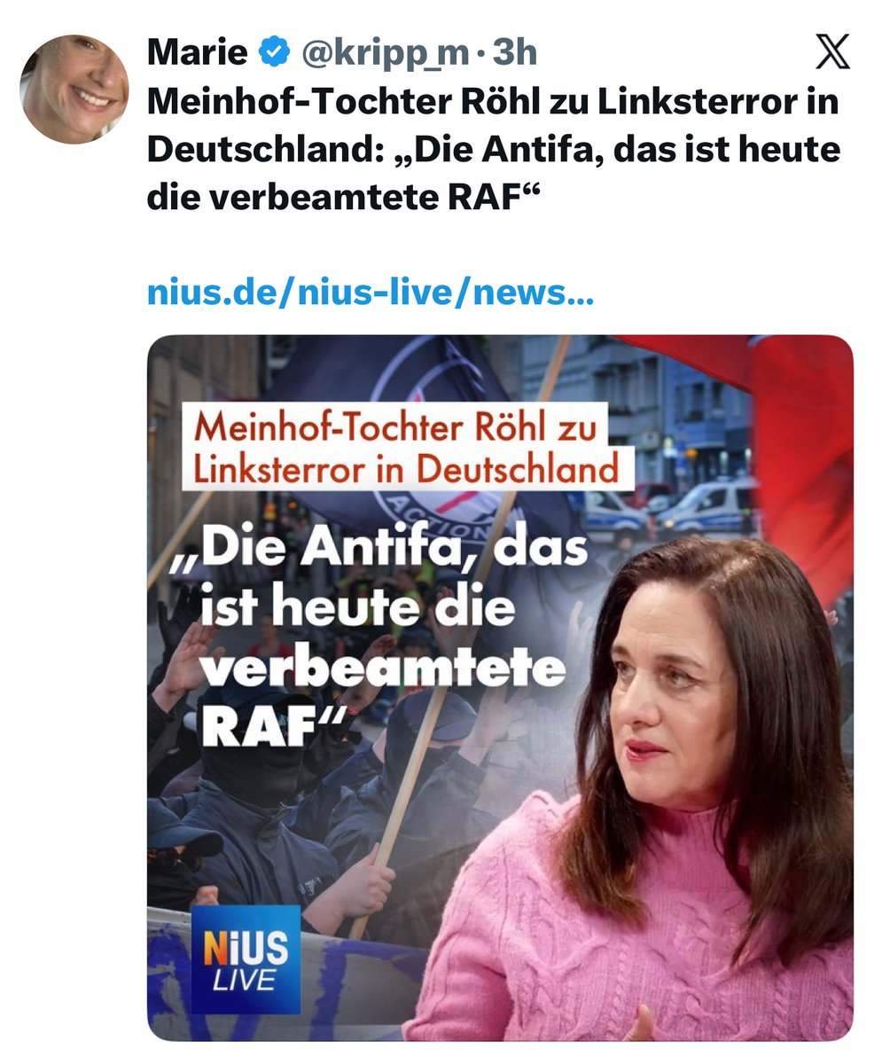 OzelotN86696's tweet photo. @dockyyyyyyyyy @bettinaroehl war doch bei @niusde_ eingeladen ...
#RAF #Linksterror #Antifa #acab #Anarchie
#links #linksextrem #linksradikal
#Terror #Linksterrorismus #Linksextremismus
#Islam #Koran #Allah #Scharia #Islamismus https://t.co/3wp29lXCzJ