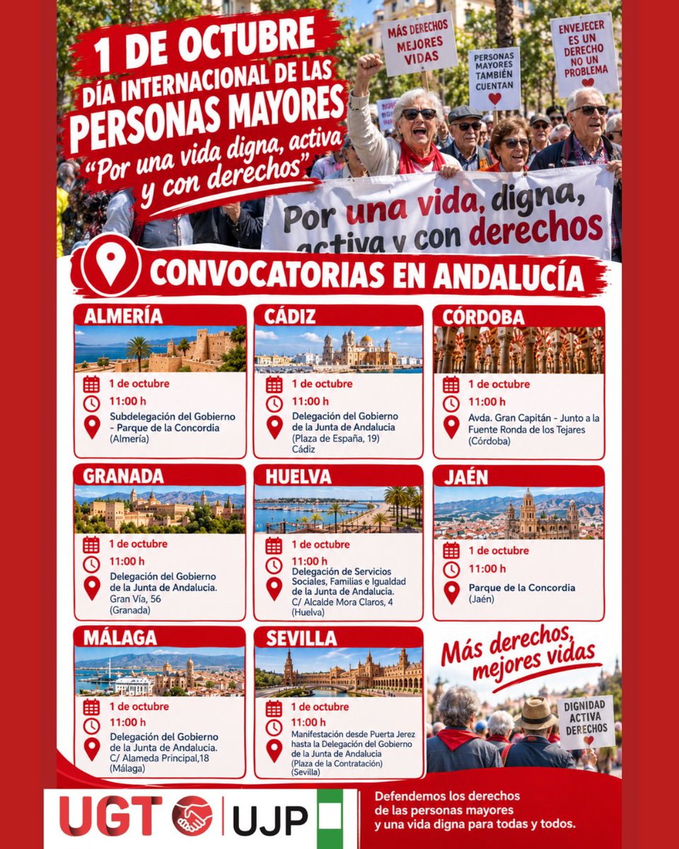 UGT_Andalucia's tweet photo. 📢 Mañana, #1deOctubre, Día Internacional de las Personas Mayores, UGT Andalucía se moviliza en las 8 provincias.

✊ Por una vida digna, activa y con derechos.

📍 Málaga acoge la concentración central a las 11:00 h.

🔗 https://t.co/wgl4bfKM5z https://t.co/4uMP2GUiK8