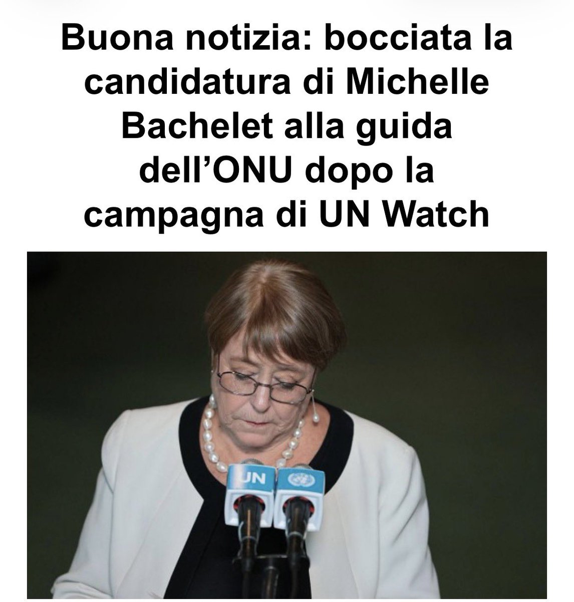 a_r_t_66's tweet photo. Ottima notizia. Sventato il pericolo di avere all'ONU una candidata che avrebbe garantito l'influenza dei regimi autoritari e la politicizzazione dei diritti umani, nota per l'ostilità verso Israele e la totale incapacità di difendere i dissidenti.
#Bachelet #ONU #UNWatch https://t.co/332n7i0USu