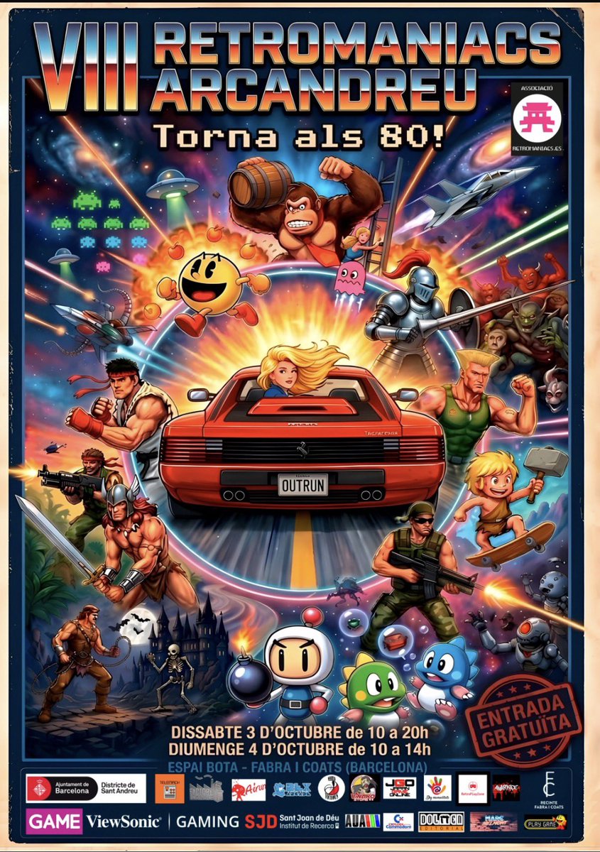 Retromaniacs_es's tweet photo. 🕹️ TORNEOS SOLIDARIOS EN ARCANDREU 2026 💛

Este sábado 3 y domingo 4 de octubre, en Barcelona, desde RetroManiacs jugamos por algo mucho más grande que un récord o un trofeo.

Todo lo recaudado en nuestros torneos solidarios irá íntegro para ayudar en la Investigación del Cáncer Infantil  del Hospital Sant Joan de Déu. Niños y niñas que están librando la partida más difícil de todas, y a los que queremos echar una mano de la única forma que sabemos: jugando juntos.

🎮 LOS TORNEOS DEL SÁBADO 
 11:30h PUZZLE BOBBLE 2: En Arcade Bartop Nitu de @FACTORYARCADE inscripción 👉 https://t.co/G9ixqvm9J9
 11:30h OUTRUN:  Con volante y bacquet + pantalla gigante inscripción 👉 https://t.co/8vHb37bwLp
 12:00h WINDJAMMERS: En Arcade Naomi con mandos sanwa inscripción 👉 https://t.co/VJbgwEDLui

 LOS TORNEOS DEL DOMINGO 
 12:00h STREET FIGHTER II - X Infantil (hasta 12 años): En Arcade Naomi con mandos sanwa inscripción 👉 https://t.co/OBEJZrZ16A
 12:00h STREET FIGHTER II - X para más de 12 años: En Arcade Naomi con mandos sanwa inscripción 👉 https://t.co/2GUynucNfh

🎟️ FILA CERO ¿No puedes venir? No pasa nada, también puedes jugar esta partida. Dona lo que quieras a través de la fila cero y tu aportación irá directa al mismo destino: https://t.co/kELVezzHDS

🏆 TROFEOS PARA LOS TRES PRIMEROS CLASIFICADOS 

La entrada al evento es gratuita, así que ven a vernos, anima a los jugadores, echa unas partidas en las máquinas y, si puedes, suma. Cada crédito cuenta. Cada euro, también además tendrás números para los sorteos!!

Gracias a @VideojuegosGAME @ViewSonicES @VinakoStore @airungames @MarioNogues @JAPANGAMEONLINE #PlayzoneBarcelona @FACTORYARCADE @RexArcade #Retroplayzone y a todos los demás sponsors por ayuadarnos por hacerlo posible 🙏