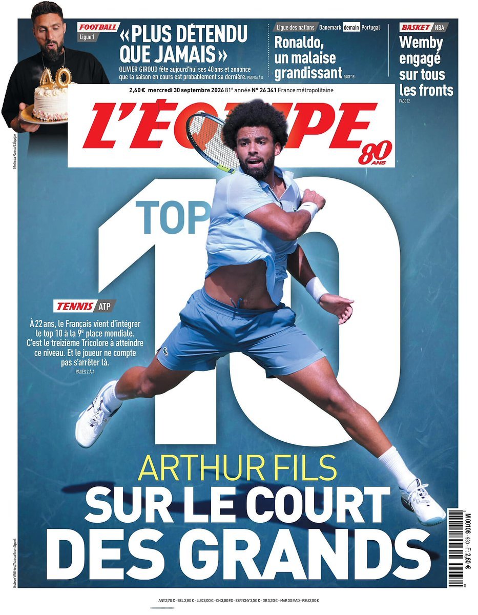 ArthurFilsNews's tweet photo. Arthur Fils à la Une de L'Equipe 

<< Top 10 : sur le court des grands >> https://t.co/MxdDN8j6v2