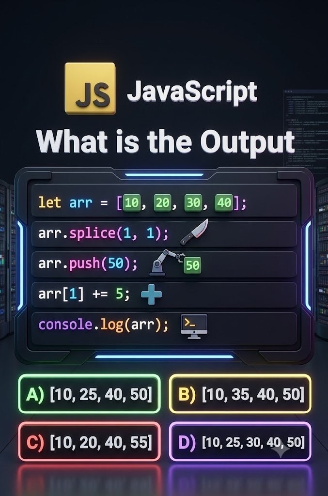 JavaScriptHubz's tweet photo. 🚀 JavaScript Quiz Challenge! 💛
Can you guess the correct output without running the code? 🤔💻
🧠 Comment your answer first: 🔹 A 🔹 B 🔹 C 🔹 D
⚠️ No cheating! https://t.co/FuZ26LevEu