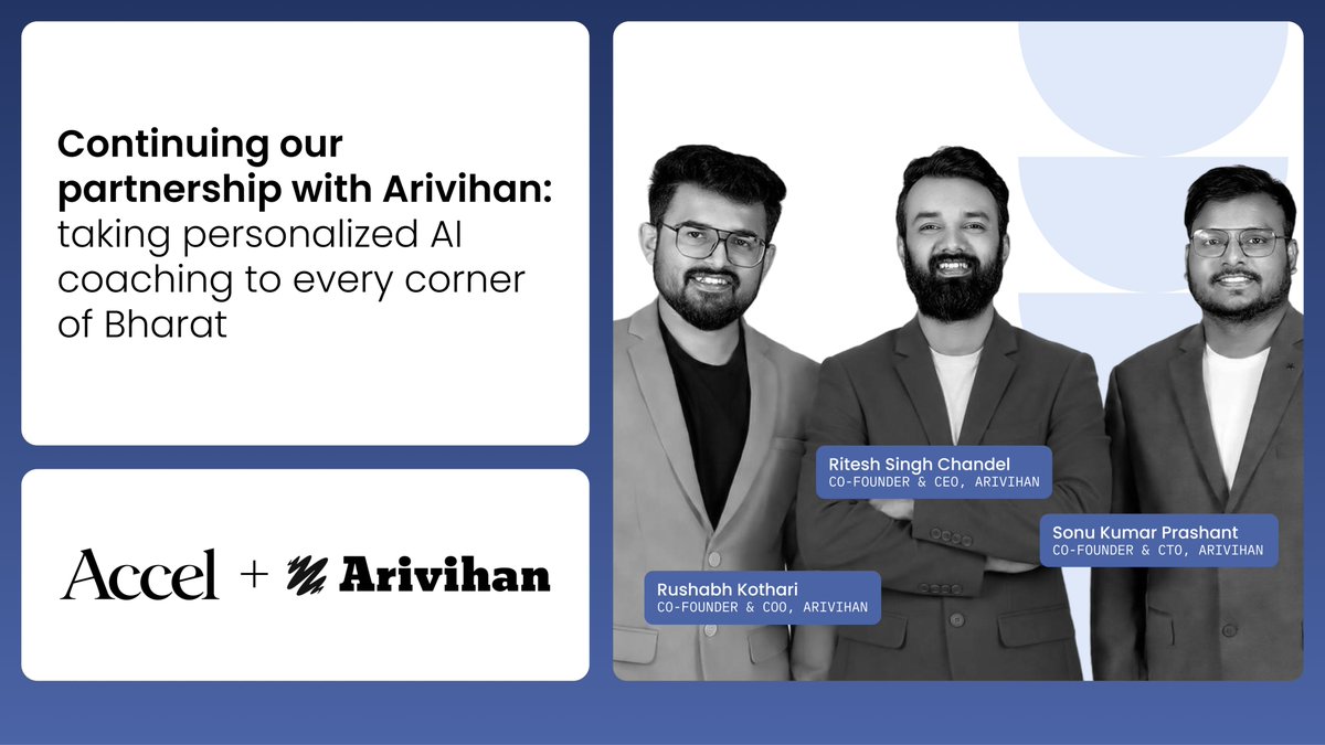 AccelIndia's tweet photo. 250 million children in India share one teacher between 200 of them. Personalised coaching can provide that support, but cost and location can put it out of reach.

@Arivihan is building an AI tutor to make that support more accessible. Students can learn through interactive video lessons, ask questions as they study, and follow study plans tailored to their performance.
Built by Ritesh, Sonu and Rushabh, the platform focuses on students beyond India’s metros. Today, 80% of its subscribers come from Tier 4 towns and rural India.

We're thrilled to deepen our partnership with Arivihan as they take personalised learning to every corner of the country, in every language their students learn in.

@_AnandDaniel • @Anagh_Prasad • #AccelFamily