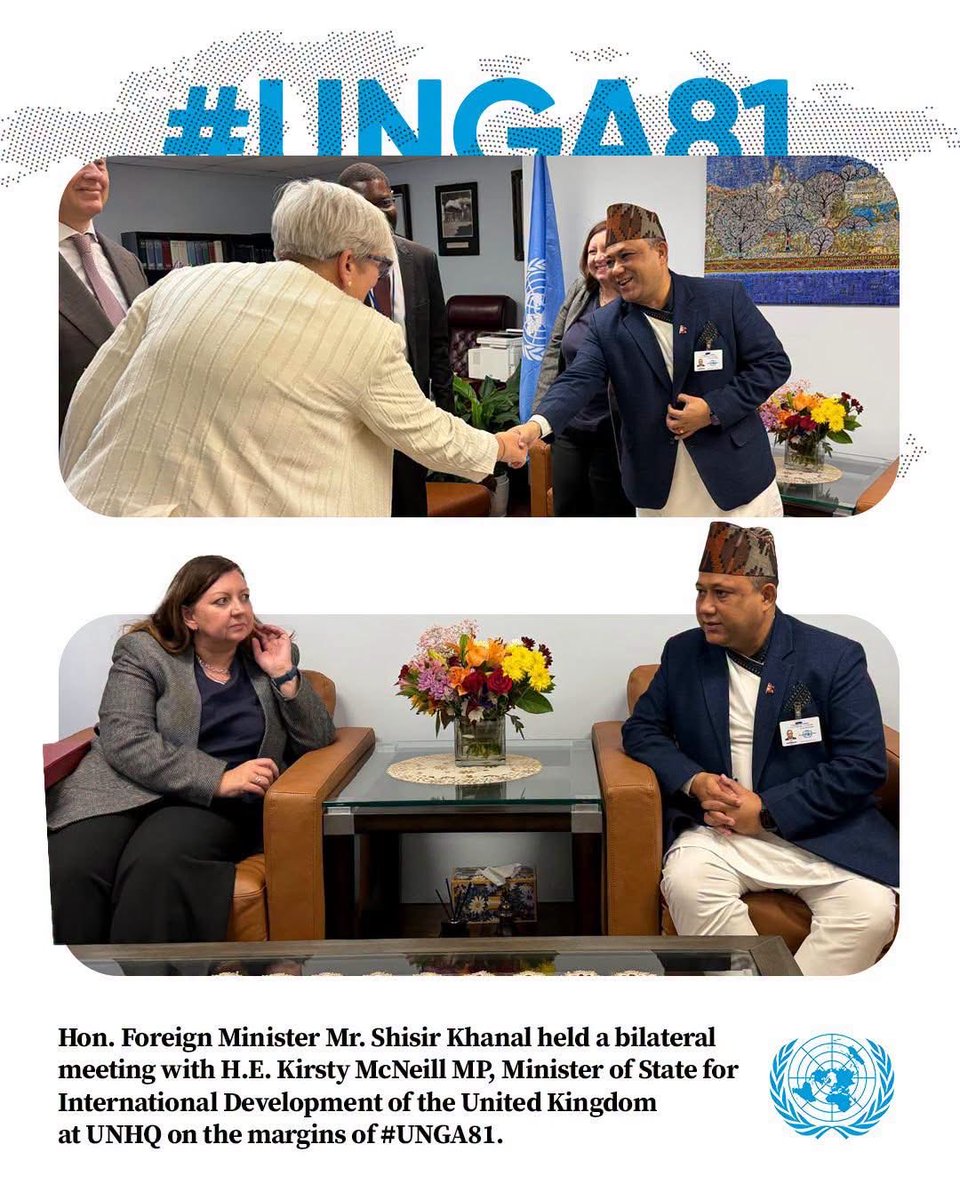 UKinNepal's tweet photo. On the margins of the UNGA High-Level Week in New York, 🇬🇧 Minister of State for International Development Kirsty McNeill met🇳🇵Foreign Minister Shisir Khanal to discuss Nepal’s recovery following the recent floods &amp; the growing impacts of climate change.
📸 @shisir Secretariat https://t.co/wYhMjxvGOo