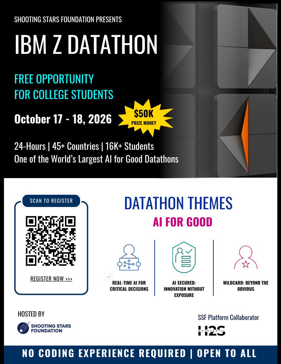 SWGCollege's tweet photo. 🚀 Calling all students!

Participate in the IBM Z Virtual Datathon 2026 from 17-18 Oct 2026 and gain practical experience in #AI, #DataScience, innovation, and enterprise technology.

🏆 Compete for prizes worth over USD 50,000 
🌍 Collaborate with students worldwide 
💡 Build future-ready skills

#IBMZDatathon2026 
#SWGC 
#TVET 
#DigitalSkills 
#Innovation 
#StudentOpportunities