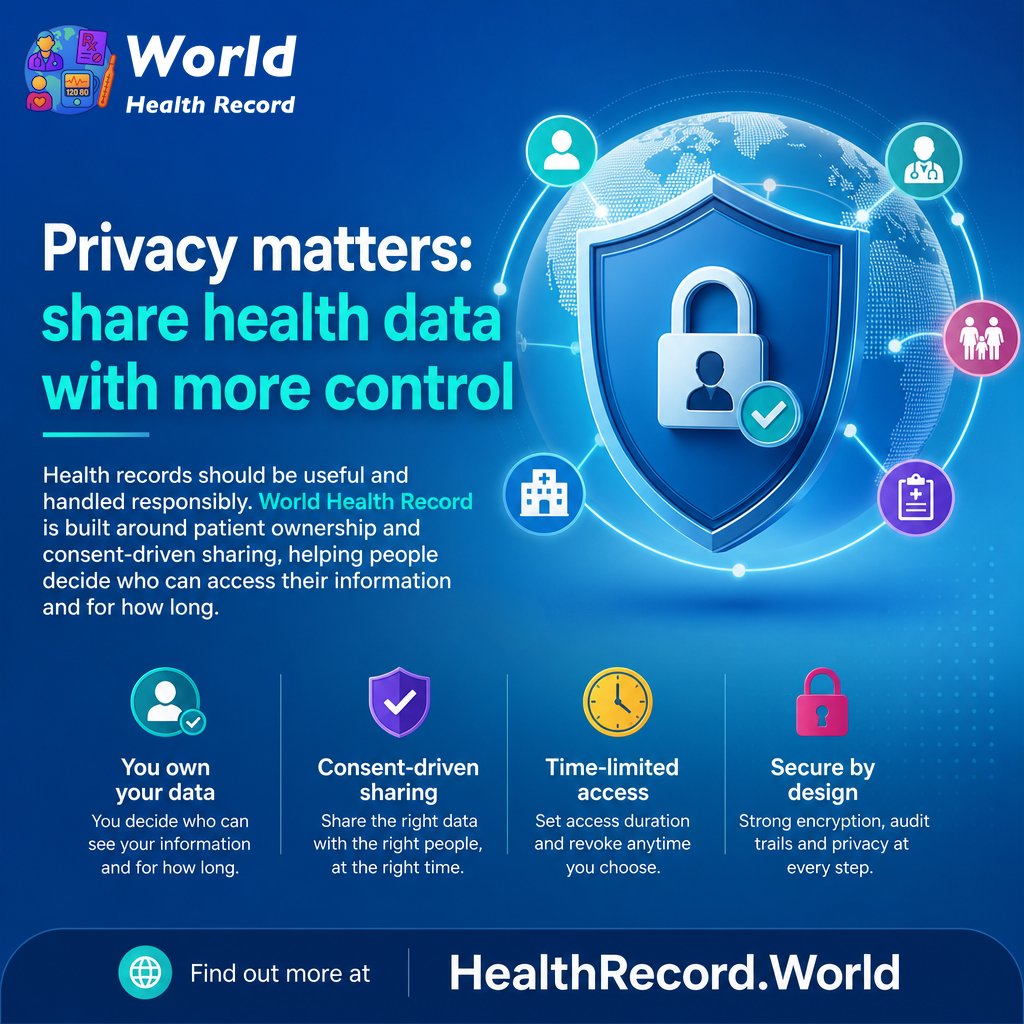 WldHealthRecord's tweet photo. Privacy matters: share health data with more control

Health records should be useful and handled responsibly. World Health Record is built around patient ownership and consent-driven sharing, helping people decide who can access their information and for how long. Find out more at https://t.co/TdewFvUNYP