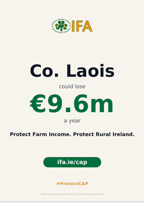IFAmedia's tweet photo. Laois could lose up to €9.6 million a year.
IFA is campaigning for an increased CAP budget to protect farmers, farming families and rural communities across Ireland.
Here’s what’s at stake for Co. Laois.
#ProtectCap https://t.co/6Gw3q5lRxm