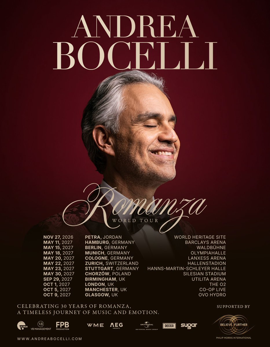AndreaBocelli's tweet photo. PRE SALE: Social followers have first access to tickets starting now for Maestro Andrea Bocelli’s “Romanza - 30th Anniversary World Tour” in the UK, Germany, Switzerland and Poland using the code “ARIA.”  
For complete show info and presale tickets visit https://t.co/zHfCa1Y86n https://t.co/N9K8Jgbk8A