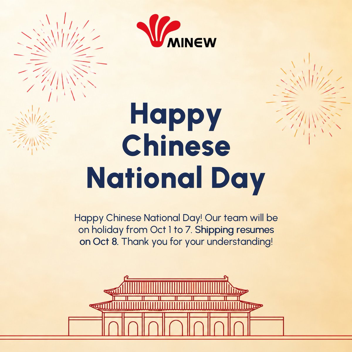 Minew_Tech's tweet photo. Happy Chinese National Day!
 
We're looking forward to family dinners and a few mornings without an alarm. Hope you get some time for whatever makes you happy, too. 
 
See you on Oct 8! https://t.co/rONLPMAYWI