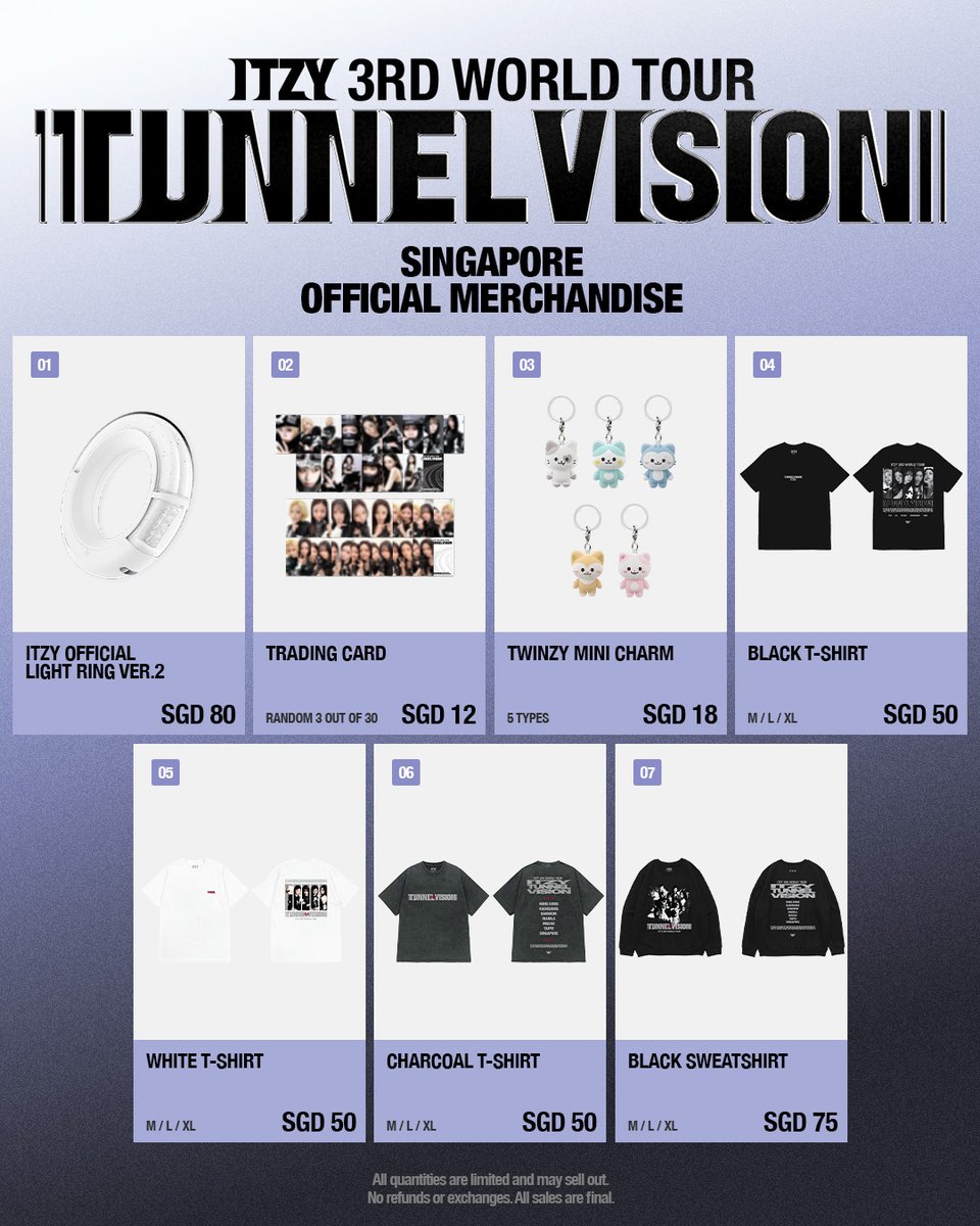 livenationsg's tweet photo. 🛍️🌟 𝙈𝙀𝙍𝘾𝙃𝘼𝙉𝘿𝙄𝙎𝙀 𝘽𝙊𝙊𝙏𝙃 🌟🛍️

The merchandise booth for 𝐈𝐓𝐙𝐘 𝟑𝐑𝐃 𝐖𝐎𝐑𝐋𝐃 𝐓𝐎𝐔𝐑 <𝐓𝐔𝐍𝐍𝐄𝐋 𝐕𝐈𝐒𝐈𝐎𝐍> 𝐢𝐧 𝐒𝐈𝐍𝐆𝐀𝐏𝐎𝐑𝐄 will be open from 10AM onwards till 1 hour after the show ends (while stocks last!)

Drop by earlier to get your must-have items before they’re gone!

‼️VIP dedicated lane will be available for VIP ticket holders, all VIP ticket holders are advised to arrive early to allow sufficient time to queue for the soundcheck party, especially for standing ticket holders ✨

——————

𝐈𝐓𝐙𝐘 𝟑𝐑𝐃 𝐖𝐎𝐑𝐋𝐃 𝐓𝐎𝐔𝐑 <𝐓𝐔𝐍𝐍𝐄𝐋 𝐕𝐈𝐒𝐈𝐎𝐍> 𝐢𝐧 𝐒𝐈𝐍𝐆𝐀𝐏𝐎𝐑𝐄
📅 3 October 2026 (Sat), 6PM
📍Singapore Indoor Stadium

🎫: https://t.co/96pi2UmLTw /  hotline +65 6018 7645

#ITZY #MIDZY @ITZYofficial 
#ITZY_TUNNELVISION
#ITZY_TNVS
#ITZY_WORLD_TOUR
#LiveNationSingapore