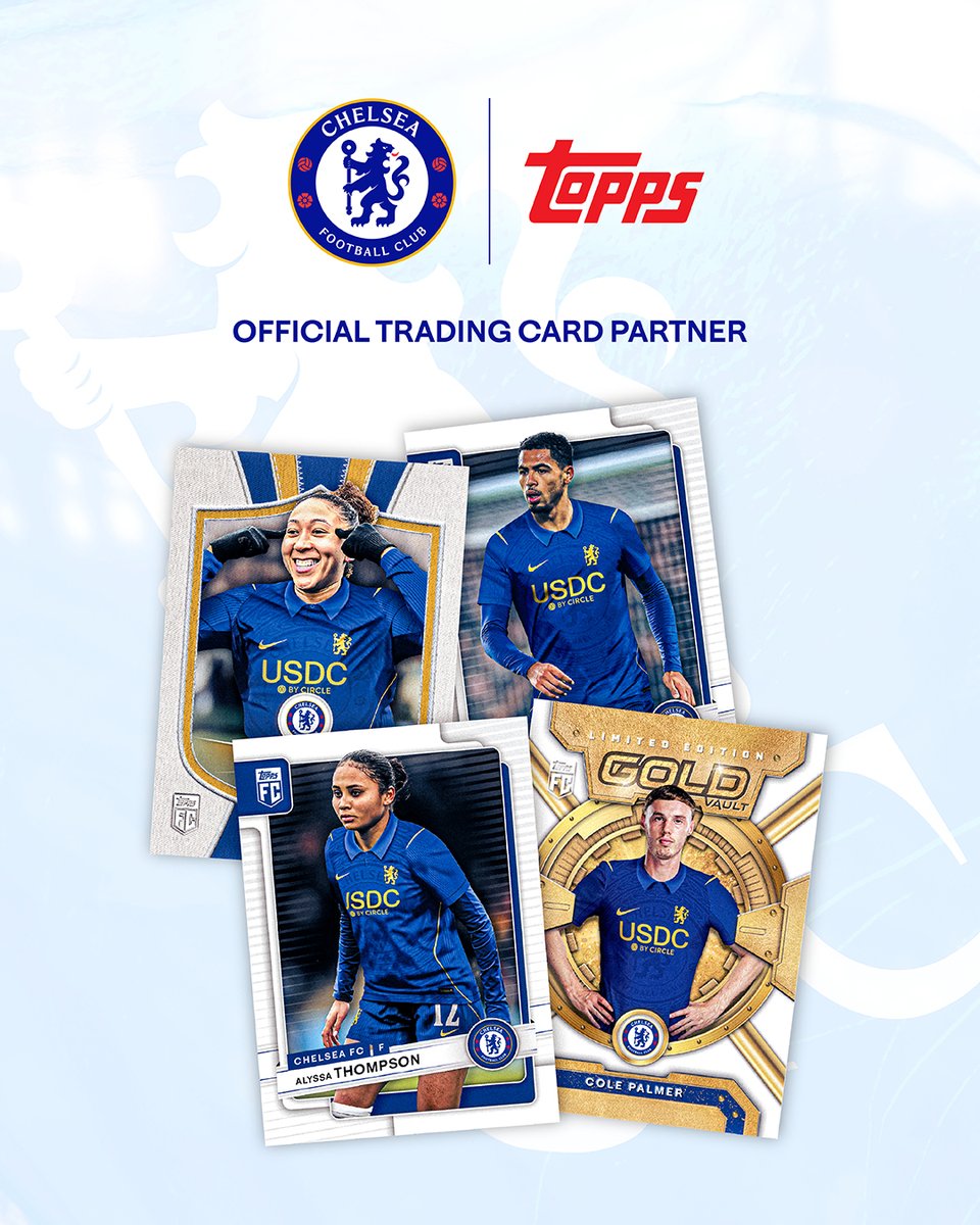 ChelseaFC's tweet photo. We’re excited to announce that Topps is now the Official Trading Card Partner of Chelsea FC and @ChelseaFCW. 🔵🤝

Expect even more incredible cards, including autograph and match-worn relic inserts, across Chelsea FC products.