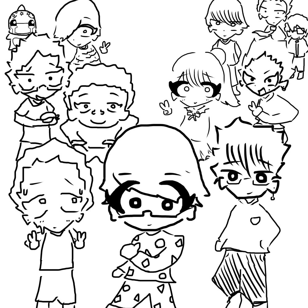 kohard_tubuyaki's tweet photo. #コハァート
ボツ絵ですが載せときます！
『 コハードと視聴者集合写真 』

出演者
前列:コハード、ゾンしゃ、TORIO
2列目:サーミン、レンコン、
　　　めんさん、しょあくたい
3列目:じゅじゅまる、だんさん、
　　　ルーシー、ヤクソギ、ダンダム https://t.co/Y7FX0Ss75F