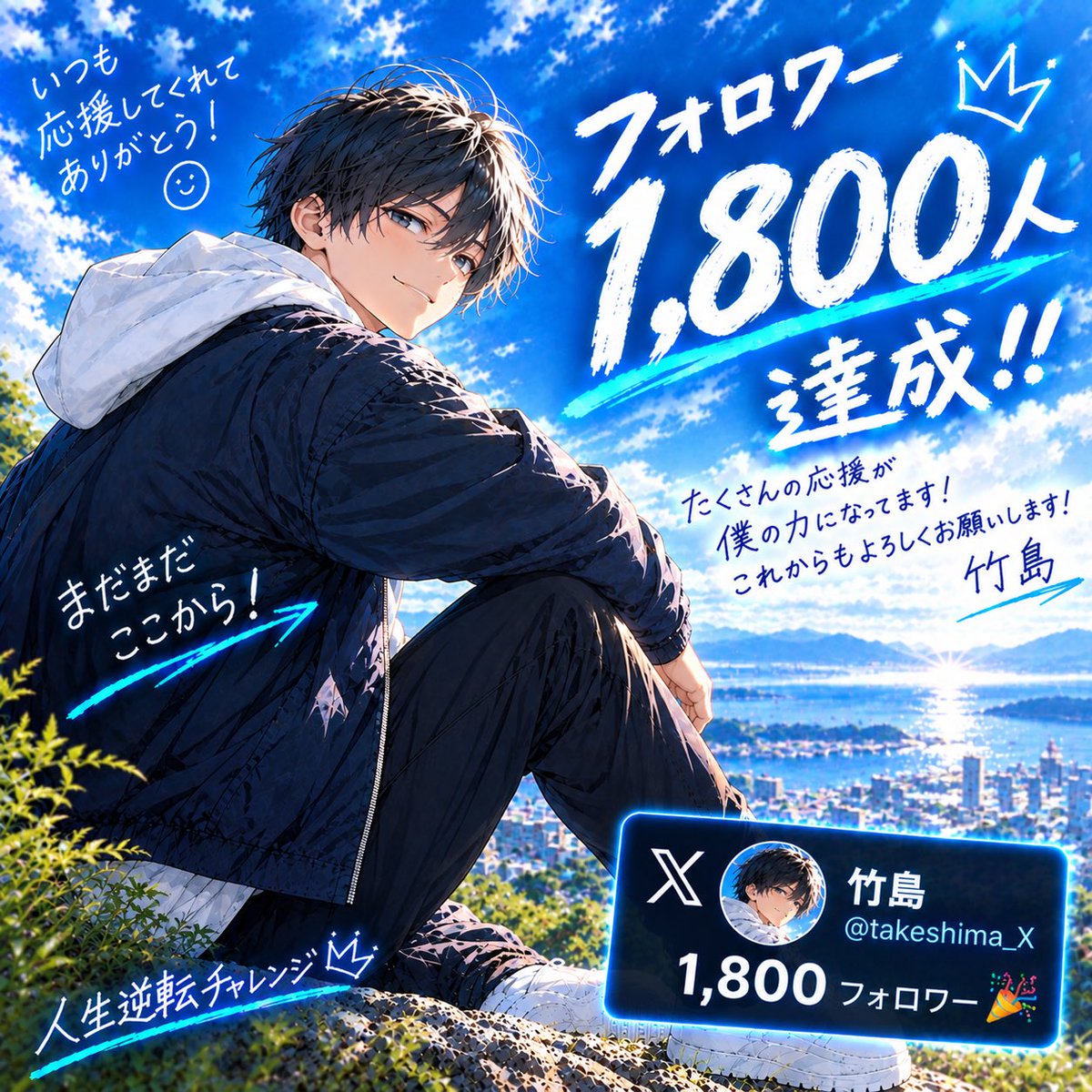 takeshima_X's tweet photo. キタキタキターーー！！

皆さんのおかげで😭
フォロワー1800人になりました㊗️🎉

本当に感謝です🙏✨
ありがとうございます🙇‍♀️

これからもたけしまをよろしくお願いします🎋 https://t.co/m1dj05VHwf