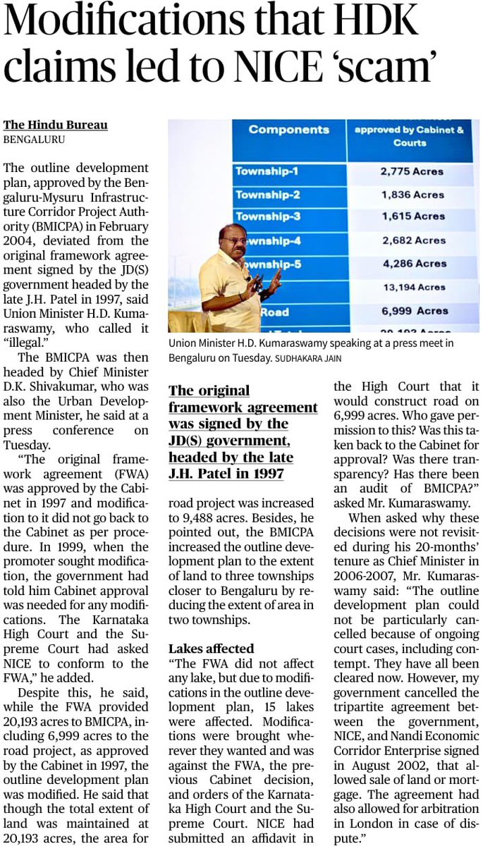 hd_kumaraswamy's tweet photo. I am not weaving stories or making baseless claims. The documents speak for themselves.

The NICE land issue involves land worth over ₹3 lakh crore. Hundreds of acres acquired by the State Government from the people for this project have allegedly ended up in the hands of the Chief Minister’s family.

The alleged irregularities stem from deviations from the original Framework Agreement and the subsequent ODP. The responsibility for these decisions rests with @DKShivakumar.

Chief Minister, you need not fear me. Examine the documents. They speak for themselves. 

1/3

@the_hindu @DeccanHerald 

#AKDKGolmaal #NothingNice #NiceLootsKarnataka