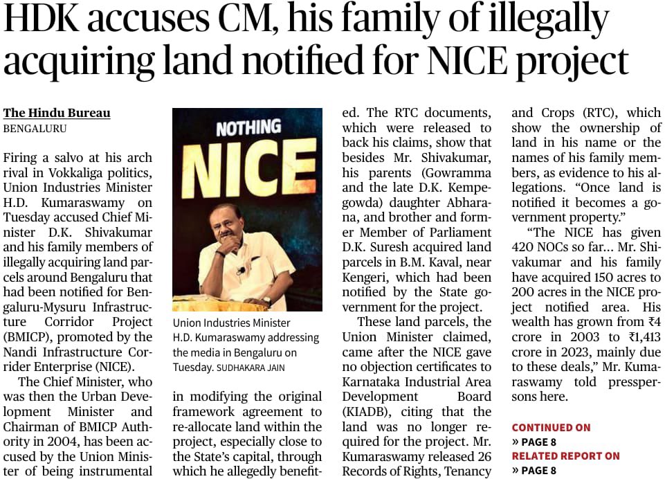 hd_kumaraswamy's tweet photo. I am not weaving stories or making baseless claims. The documents speak for themselves.

The NICE land issue involves land worth over ₹3 lakh crore. Hundreds of acres acquired by the State Government from the people for this project have allegedly ended up in the hands of the Chief Minister’s family.

The alleged irregularities stem from deviations from the original Framework Agreement and the subsequent ODP. The responsibility for these decisions rests with @DKShivakumar.

Chief Minister, you need not fear me. Examine the documents. They speak for themselves. 

1/3

@the_hindu @DeccanHerald 

#AKDKGolmaal #NothingNice #NiceLootsKarnataka