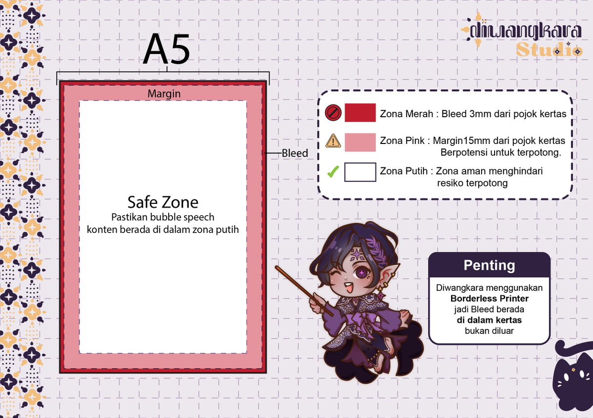 diwangkaraprint's tweet photo. Halooww! banyak nih yang  kebingungan dengan template cetak diwangkara jadi diwang sudah perbarui agar lebih mudah untuk dimengerti!

jadi bleed diwangkara itu di dalam kertas ya! karena Diwangkara menggunakan Borderless Printing ^^

jadi template ini sudah dalam bentuk kertas A5, pastikan speech bubble, gambar, tulisan berada di di area putih ^^

untuk size kertas yang lain akan diperbarui secara berkala ^^