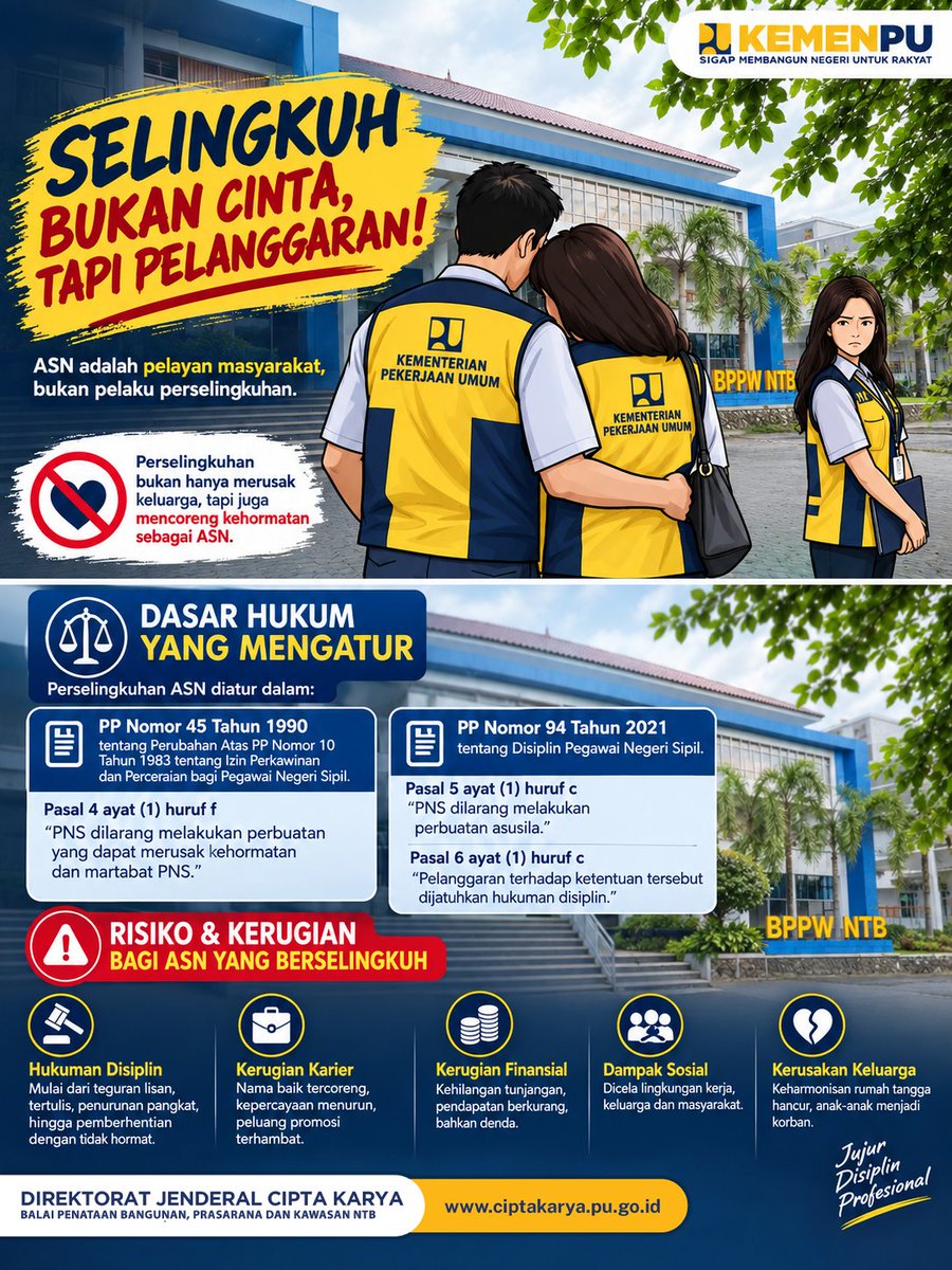 BPBPKNTB's tweet photo. Perselingkuhan bukan sekadar persoalan pribadi ketika melibatkan seorang ASN.  Jabatan adalah amanah, integritas adalah harga diri, dan kepercayaan adalah sesuatu yang harus dijaga.
#kementerianpu #1ck1 #sigapmembangunnegeriuntukrakyat #pu608 https://t.co/FyCuIFo12t