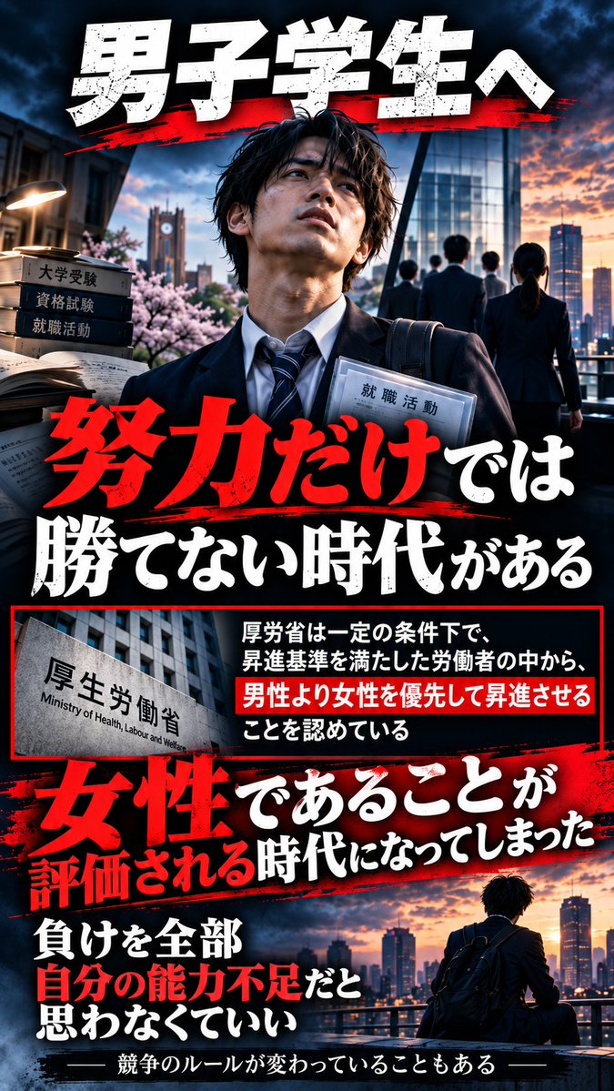 marriage_ja's tweet photo. 男子学生へ

競争のルールそのものが
女性であることが評価される時代になってしまった

社会に出ても
実力や結果だけでは決まらない競争が続く

厚労省は一定の条件下で

「昇進基準を満たした労働者の中から、
男性より女性を優先して昇進させる」

ことを認めている

つまり
自分も基準をクリアしている
一生懸命努力している
結果も出している

それでも
性別が選考要素になり
男性が選ばれないことがある

ただ男子学生には知っておいてほしい

「努力すれば必ず報われる」
という言葉だけを信じて
自分を追い込みすぎないでほしい

負けたとき
全部を自分の能力不足だと思わなくていい