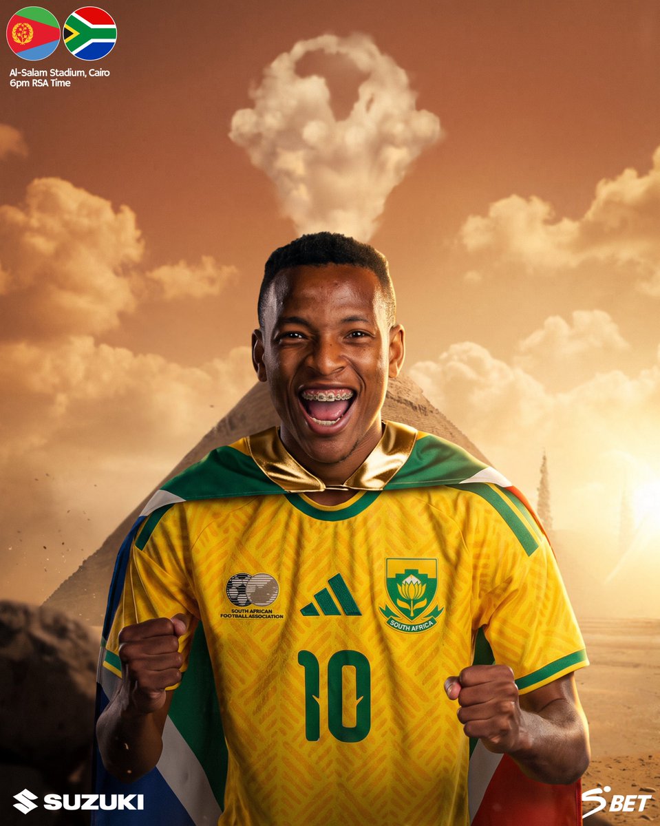 MMORTON6's tweet photo. Matchday 🇿🇦

AFCON qualifiers 
🇪🇷 Eritrea vs Bafana Bafana 🇿🇦
🏟️ Al Salam Stadium, Cairo 🇪🇬
⏰ 6pm 

Teboho Mokoena unavailable through injury.. who should step in to replace him? 🤷‍♂️ https://t.co/sN9FSw9WLv