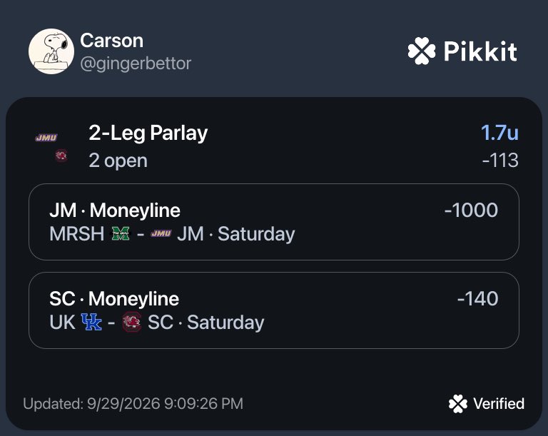 GingerBettor's tweet photo. South Carolina ML (-113) 1.5U https://t.co/Y5rV7ZA4Wb