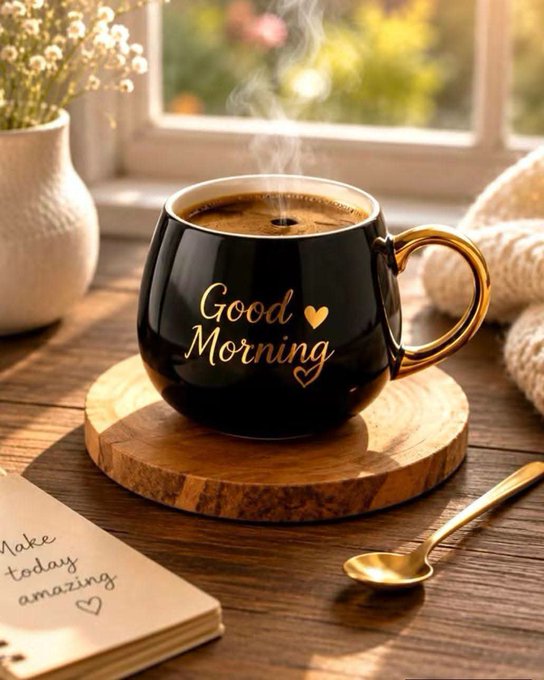 A black mug with gold trim reading 'Good Morning' with hearts, sitting on a wooden coaster next to a spoon and a note saying 'Make today amazing'.