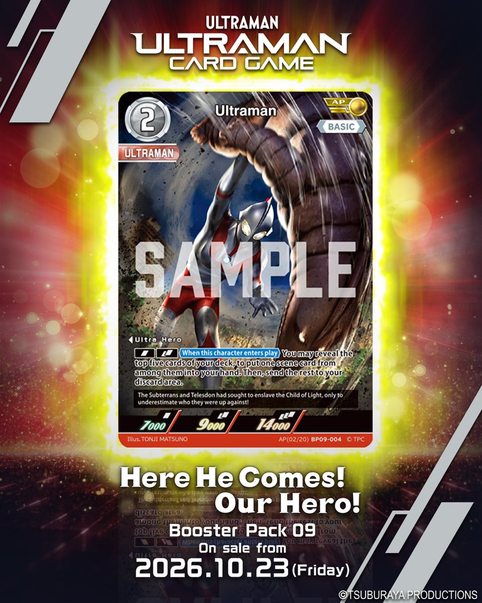 ucg_en's tweet photo. ◢◤#UltramanCardGame◢◤

⚡Card Design Reveal⚡

From Booster Pack 09
“Here He Comes! Our Hero!”

[BP09-004]
“Ultraman”

Telesdon is no match for Ultraman’s powerful throw!

In the city at night, the Underground People’s scheme is sent flying!

Booster Pack 09 goes on sale 23 October 2026!

#UCG #BP09