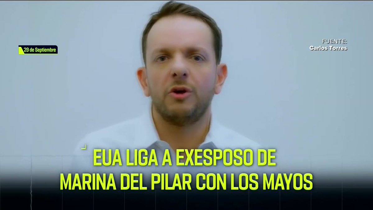 A man in a light blue shirt speaks against a plain background, with a news graphic showing "29 de Septiembre" and a headline reading "EUA LIGA A EXESPOSO DE MARINA DEL PILAR CON LOS MAYOS," credited to "Carlos Torres." The image appears to be a preview for an upcoming news segment on Imagen Noticias.