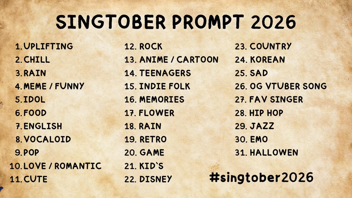 TaktAnzai's tweet photo. Tomorrow is already October, so I decided on a whim to create a  #singtober2026 prompt for the whole month !!!

Feel free to use it and join  #singtober2026 😎👍 https://t.co/drUFiMhbCa