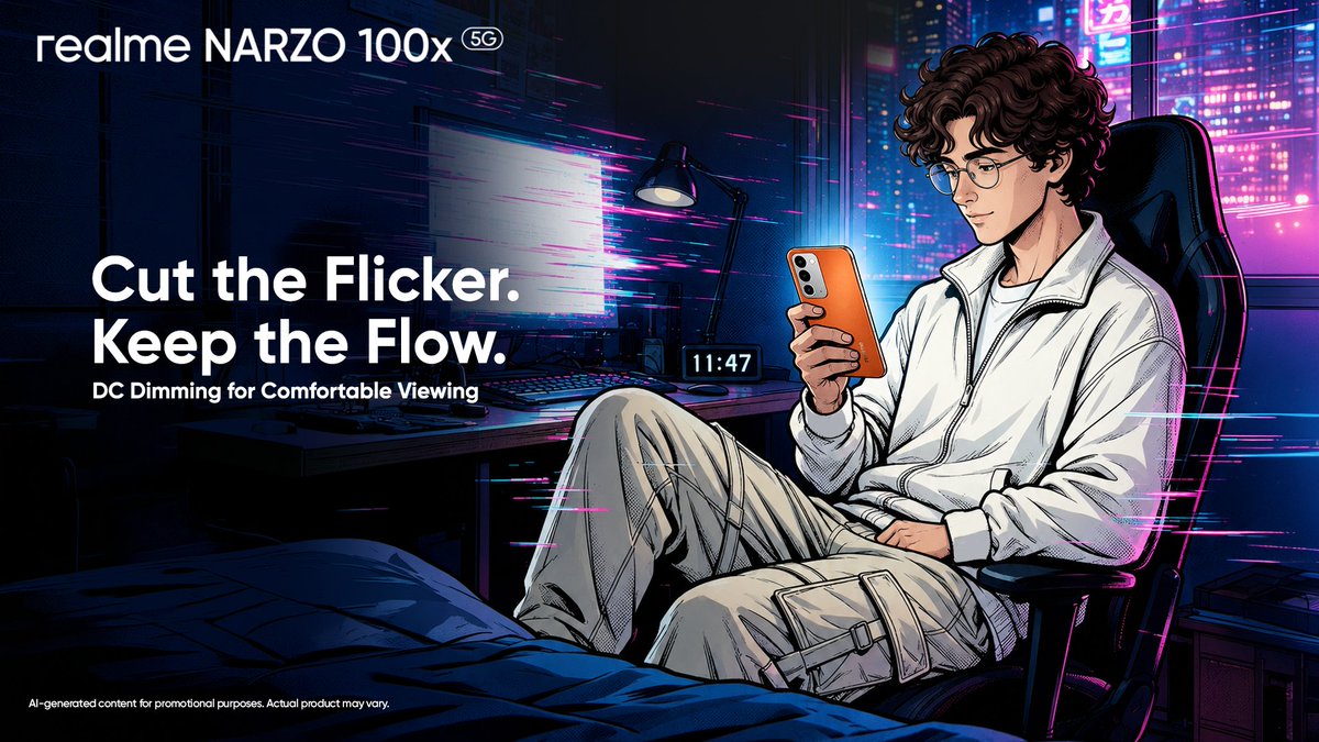 realmenarzoIN's tweet photo. Less flicker, more comfort. Enjoy smoother viewing with DC Dimming on the #realmeNARZO100x 5G.

Buy now:
https://t.co/6OPqHGDWsK
https://t.co/UjvjVykQsl https://t.co/WnQSBurIbA