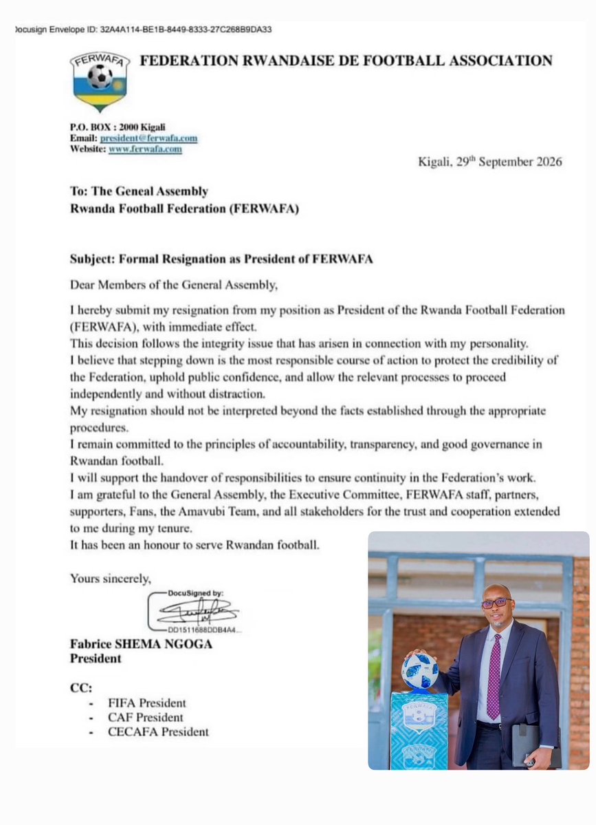 imfuraluc01's tweet photo. 🚨 OFFICIAL: FERWAFA PRESIDENT SHEMA FABRICE HAS RESIGNED FROM HIS POSITION WITH IMMEDIATE EFFECT.

SHEMA FABRICE WAS ELECTED AS FERWAFA PRESIDENT LAST YEAR.

——————— 

PEREZIDA WA FERWAFA YEGUYE KU MWANYA WO KUYOBORA ISHYIRAHAMWE RYA RUHAGO, NYUMA Y’umwaka ATOREWE KURIYOBORA. 

NI IKI WAMUSHIMIRA, UTAZAMWIBAGIRWAHO KU MWAKA YARI AMAZE AYOBORA FERWAFA? 

KOMITE NYOBOZI YARI YATOWE KU ITIKE YE. 

V/P WA MBERE ARAKOMEZA KUYOBORA KUGEZA KU NTEKO RUSANGE IKURIKIRA. 

@BBKIGALIFM 89.7 FM