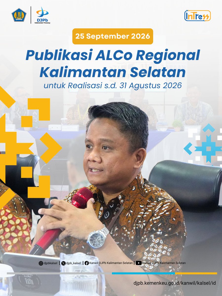 djpb_kalsel's tweet photo. Publikasi ALCo Regional Kalimantan Selatan Realisasi s.d. 31 Agustus 2026. Kinerja ekonomi dan fiskal daerah tetap terjaga di tengah dinamika global. Sinergi pusat dan daerah terus diperkuat untuk mendukung pertumbuhan ekonomi, pembangunan, dan kesejahteraan masyarakat. #APBNKita https://t.co/WBtOVTVAqg