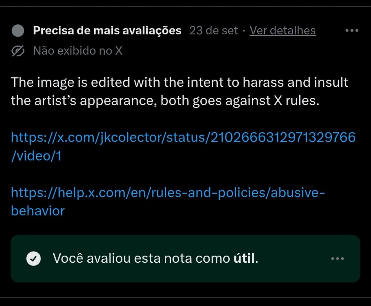 mizzieReportOT7's tweet photo. 🚨⚠️MASS REPORT 🐰🐥E AVALIEM AS NOTAS DE COMUNIDADE COMO ÚTIL 🚨⚠️

Links notas:
1. https://t.co/RrAFrxr19y

2. 
https://t.co/8RU4svMmTK

3.
https://t.co/1xTJxD8J1h

E DENUNCIAR EM MASSA ESSA PRR AQUI:
🚩https://t.co/yC1UhILIwo 

É inadmissível que esta conta ainda esteja de pé, fazendo post rcst, fazendo fakes tão grandes ao ponto do povo usar ela como fonte, isso é um absurdo, continuem denunciando por spam e enviando ela a para a HYBE.

📌 Categorias:
• Assédio e abuso
• Ataques direcionados
• Fake news
• Ódio 
• Spam 

Não engajem 🚫