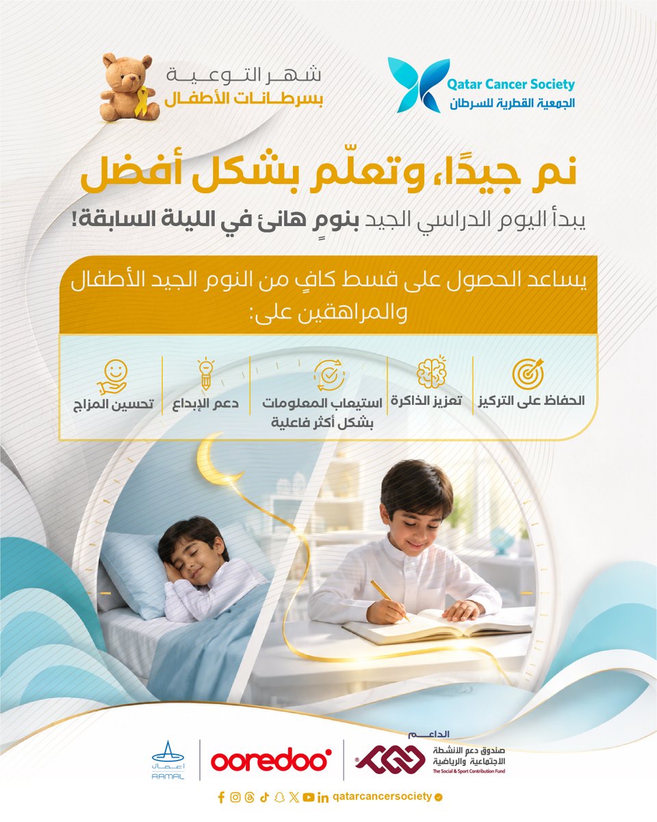 QCS_Qatar's tweet photo. النوم الأفضل يدعم تعلّمًا أفضل.
برعاية :@daam_qa @ooredooqatar @aamalqpsc
Better sleep can support better learning.
#SleepHealth #HealthySleep #BackToSchool #ChildHealth #StudentHealth #HealthyHabits #SchoolPerformance #SleepWell https://t.co/lFcIaU6bjO